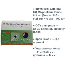 Инсулиновые шприцы BD Micro Fine Plus U-100 0,3 ml Demi - (31G) 0,25мм х 6мм - 100шт.