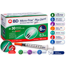 Інсулінові шприци BD Micro Fine Plus U-100 0,3 ml Demi – (31G) 0,25 мм × 6 мм – 100 шт.