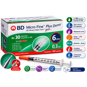 Інсулінові шприци БД Мікро Файн Плюс 0,3 мл Демі (BD Micro Fine Plus U-100 0,3 ml Demi) – (31G) 0,25 мм × 6 мм – 100 шт.