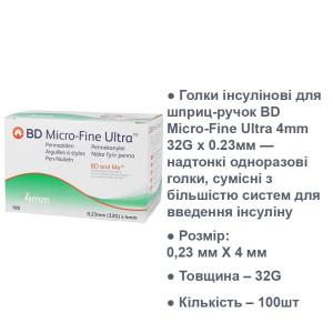 Иглы Инсулиновые Для Шприц-Ручек BD Micro-Fine Ultra 4mm 32G Х 0.23мм
