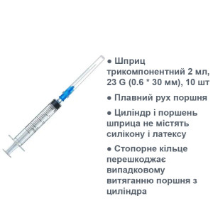Шприц трикомпонентний 2 мл, 23 G (0.6 * 30 мм), 10 шт