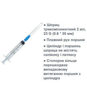 Шприц трикомпонентний 2 мл, 23 G (0.6 * 30 мм), 100 шт