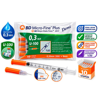 Інсуліновий шприц БД мікро Файн Плюс 0,3 мл Демі (Bd Micro fine Plus U-100 0,3 ml Demi) - 10 шт.